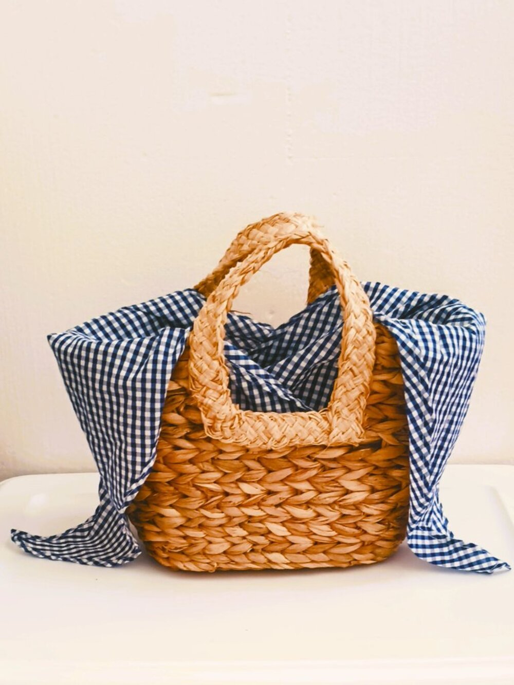 Draper James Straw Tote Bag with Blue Gingham Lining Summer Seagrass Handbag